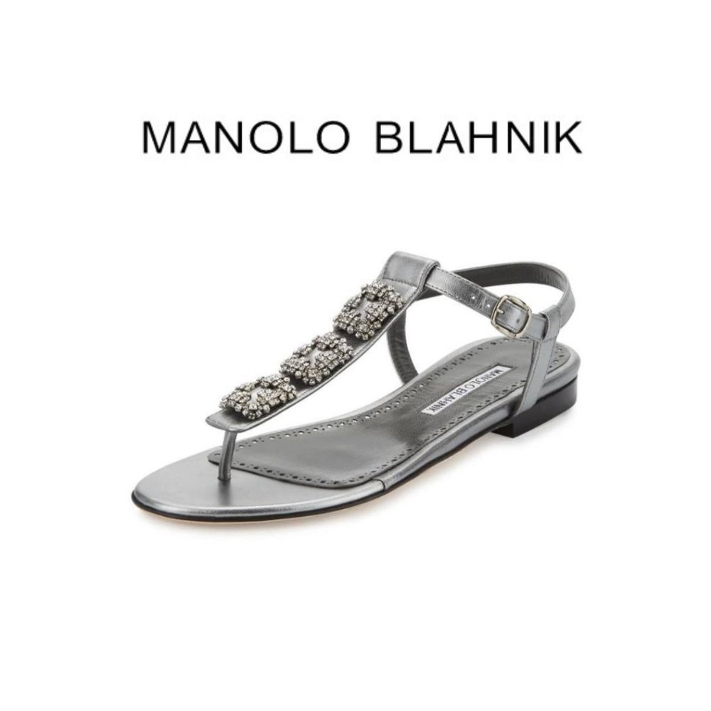 Manolo Blahnik Silver Ottolina Crystal Embellished T-strap Metallic Sandal 39